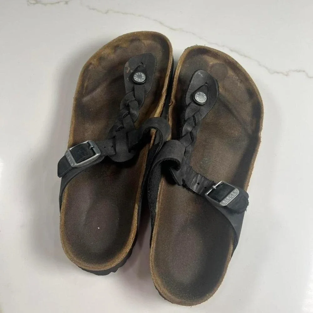 Birkenstock Gizeh Sandals Womens Black Braided Leather T-Strap Thong 38 Narrow